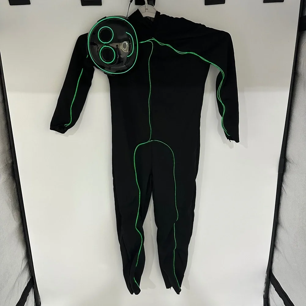 Spirit Halloween Green Light-Up Stick Figure Costume Kids Large 12-14 Jumpsuit